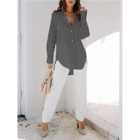 Womens Button Down Shirts Long Sleeve Grey - Picture 4 of 4